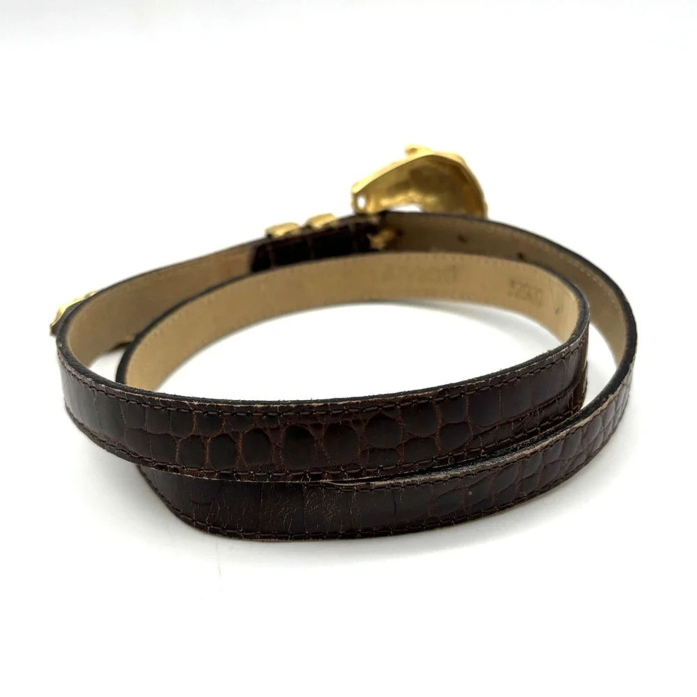 1980s Streets Ahead 32920 Brown Croc Emboss Leather Horsehead Skinny Belt L 34